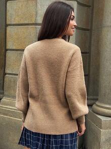 DAZY Cardigan Sweater Wanita Kasual Warna Polos Leher V, Musim Gugur untuk Sekolah - Khaki - View 2