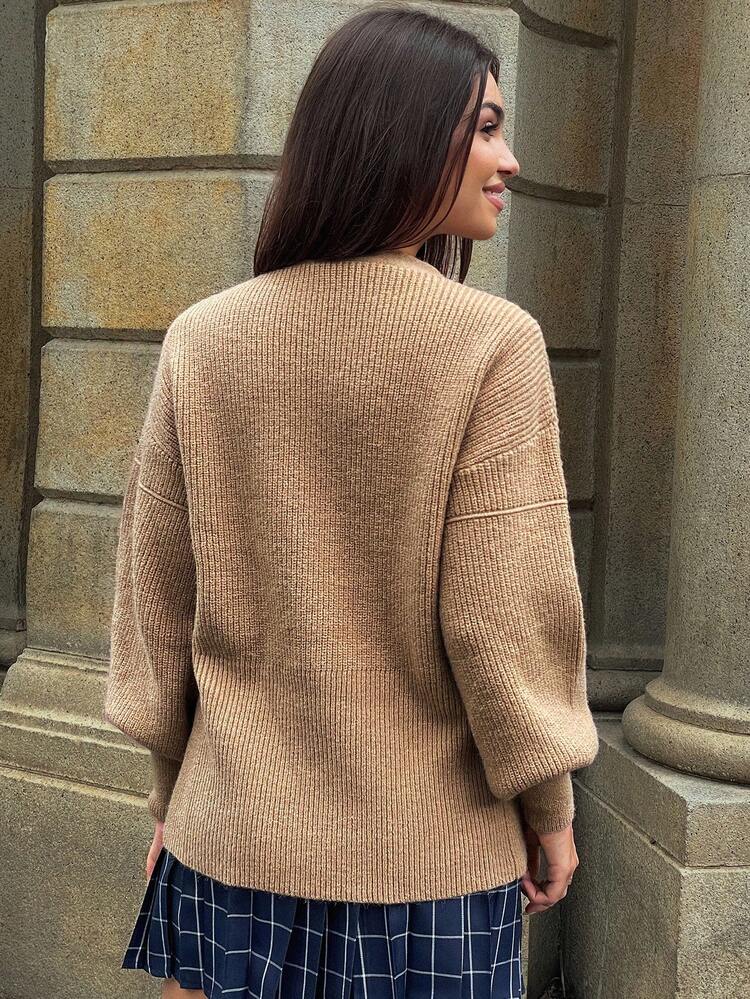 Women's Casual Solid Color V-Neck Cardigan Sweater, Autumn