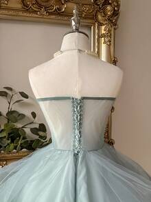 Lovelzi 优雅、浪漫、奢华的绿色串珠刺绣网眼拼布束腰喇叭形长裙，适合生日派对、约会、婚礼、晚会、庆典 - 綠色 - 查看 6