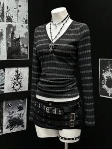 EgrlEra Women's Casual Striped V-Neck Slim Fit Long Sleeve T-Shirt