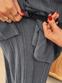 SHEIN 2 件孕妇秋季罗纹高领落肩上衣和可调节腰部裤子休闲套装 Co Ords 套装女士两件套女士舒适 2 件套休闲套装女士感恩节 Ghostface 孕妇装两件套装舒适两件套灰色 - 深灰色 - 查看 6