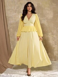 Roveilla Plus Size Women Elegant Pleated Deep V-Neck Long Sleeve Dress - Yellow - View 1