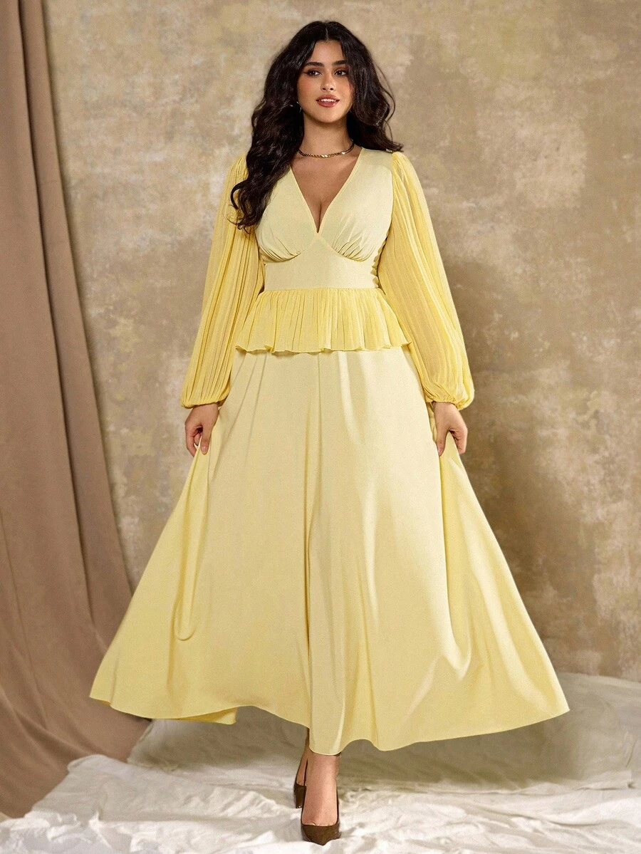 Roveilla Plus Size Women Elegant Pleated Deep V-Neck Long Sleeve Dress - Yellow - View 1