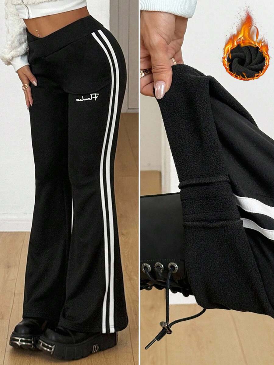 Coolane Women's Winter Streetwear Athleisure Sport Letter Print Stretchy Fleece Lined Warm/ Cold Weather/ Thermal Woven Tape Banded Texture Decoration Comfy Black Boot Cut Flare Pant,Fall