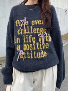 FRIFUL 女士圆领宽松撞色字母格纹蝴蝶结针织毛衣，宽松蓬松质感，秋季款