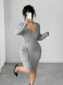 SHEIN Elenzya Elegante vestido de punto gris con patrón jacquard, botones de metal y detalles de lazo, estilo otoñal para mujeres de talla grande - Gris - Ver 4