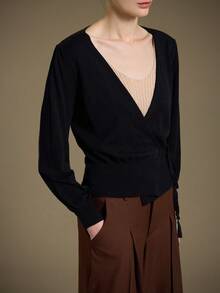 Ontre 2025秋冬新款黑色裹身系带侧蝴蝶结V领长袖针织开衫，现代优雅都市浪漫西部朋克Y2K乡村音乐节复古韩国机场旅行街头婚礼嘉宾生日万圣节商务休闲办公室约会派对外出机场返校秋冬女装 - 黑色 - 查看 5