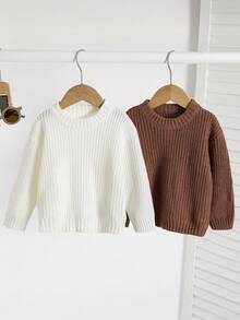 SHEIN 2pcs/Set Cute Unisex Baby Casual White & Brown Long Sleeve Sweater, Versatile Baby Clothes For Autumn/Winter Fall - Multicolor - View 5