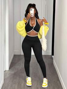 Slaydiva Women Solid Color Splicing Sleeveless Simple Top And Long Pants Yoga Color Blocking Sports Suit Workout Women Set Women Leggings Set Gym Women Outfit - Black - View 3