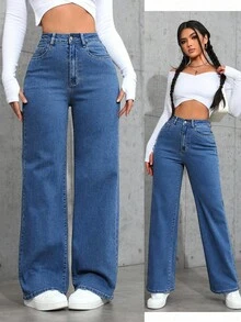 SHEIN PETITE 女士休闲水洗高腰牛仔裤 - 中等水洗藍 - 查看 7