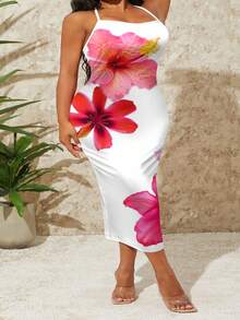 SHEIN SXY Plus Size Casual Floral Pattern Bodycon Camisole Dress, Suitable For Summer Boho Suitable For Going Out Chic Dress - Multicolor - View 5