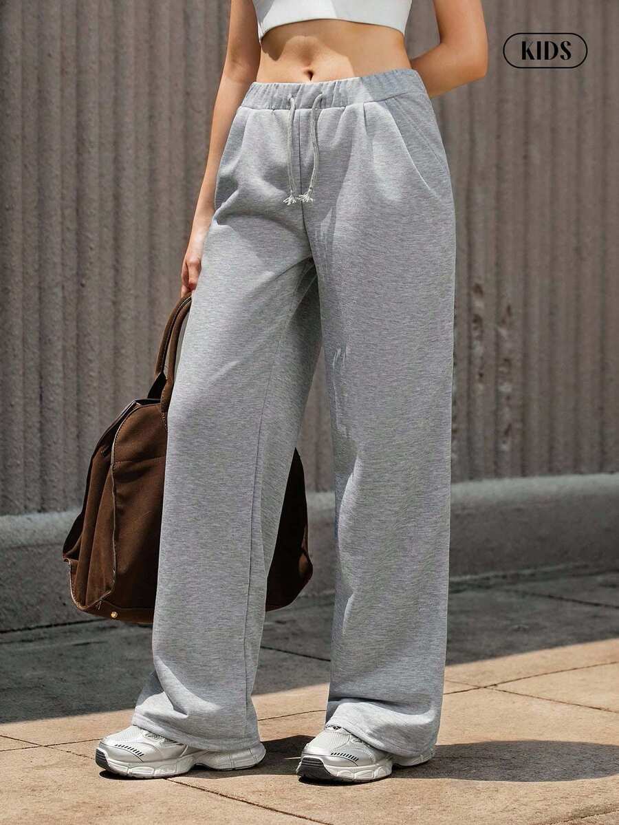 Hanevo 青少年女孩抽绳下摆阔腿直筒休闲休闲裤 - 灰色 - 查看 1