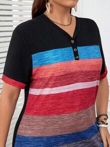 SHEIN LUNE 大码女式多色条纹纽扣前襟和袖口装饰母亲节连衣裙夏季 - 彩色 - 查看 6