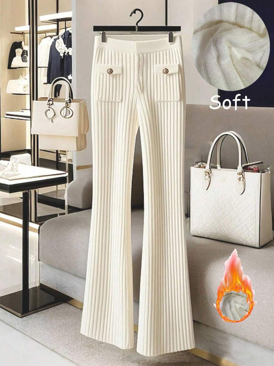 Franclia 女士纯色针织紧身裤 - 白色 - 查看 1