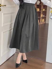 DAZY 女士休闲百褶条纹A字裙，秋冬女装半身裙 - 深灰色 - 查看 7