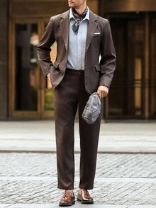 Manfinity Bizformal 男士纯色夹克和裤子西装棕色西装男孩棕色西装棕色西装套装男士棕色西装深棕色西装男士两件套西装男士西装外套和裤子男士办公室装经典男士服装棕色西装外套和裤子 - 咖啡棕 - 查看 4