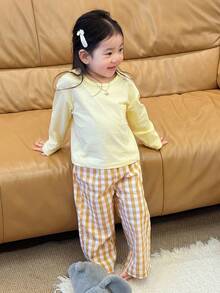 DAZY 2 Stücke/Set Kleinkind Mädchen Lässig Rundhals Langarm Top und karierte locker sitzende Hose Pyjama Set