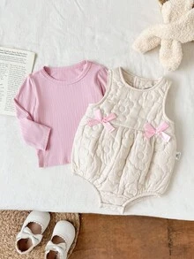 SHEIN 2件套女婴春夏新款可爱休闲乡村日常俏皮黄色格子3D彩色波点纹理面料蝴蝶结吊带宽松连体衣+发带发饰套装 - 紫色 - 查看 6