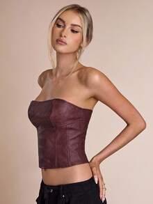 SHEIN BAE Áo Bandeau ôm sát màu trơn thời trang gợi cảm dành cho nữ - Màu Khaki - Xem 4