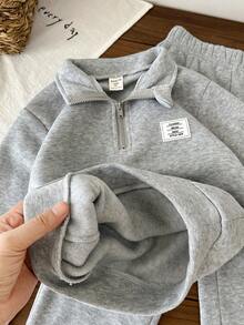 SHEIN 2pcs/Set Young Boys Casual Comfortable Stand Collar Half-Zip Pocket Decor Contrast Color Pullover Hoodie And Loose Fit Thermal Lined Cargo Pants Set, Suitable For Winter Fall - Grey - View 7