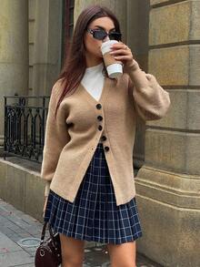 DAZY Cardigan Sweater Wanita Kasual Warna Polos Leher V, Musim Gugur untuk Sekolah - Khaki - View 5