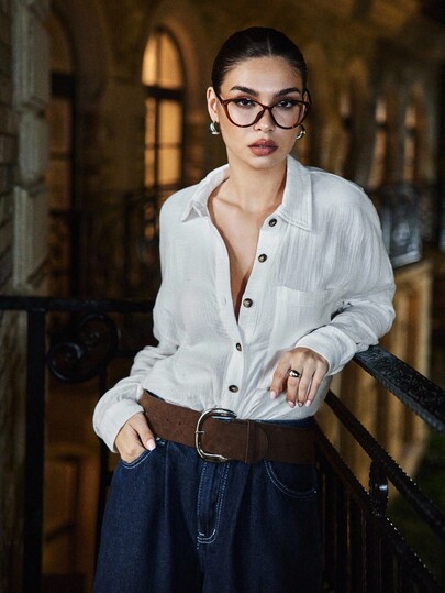 Siren Gaze Drop Shoulder Pocket Patched Button Front Shirt,Long Sleeve Tops Winter White