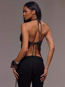 MUSERA 豹纹深V领双肩带上衣，酷女孩秋季外出性感装扮，适合女士，猎豹纹派对优雅假日派对春夏装扮 - 黑色 - 查看 3