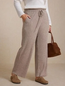 Elaquor Calças femininas casuais plus size com bolso e cordão, outono/inverno - Caqui - Ver 1