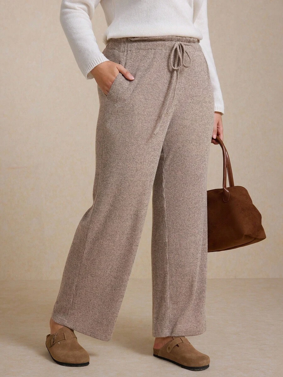 Elaquor Calças femininas casuais plus size com bolso e cordão, outono/inverno - Caqui - Ver 1