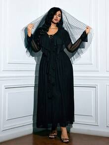 Viva Relle Plus Size Fashion Ruffle Trim Long Sleeve Tie Waist Dress - Black - View 1