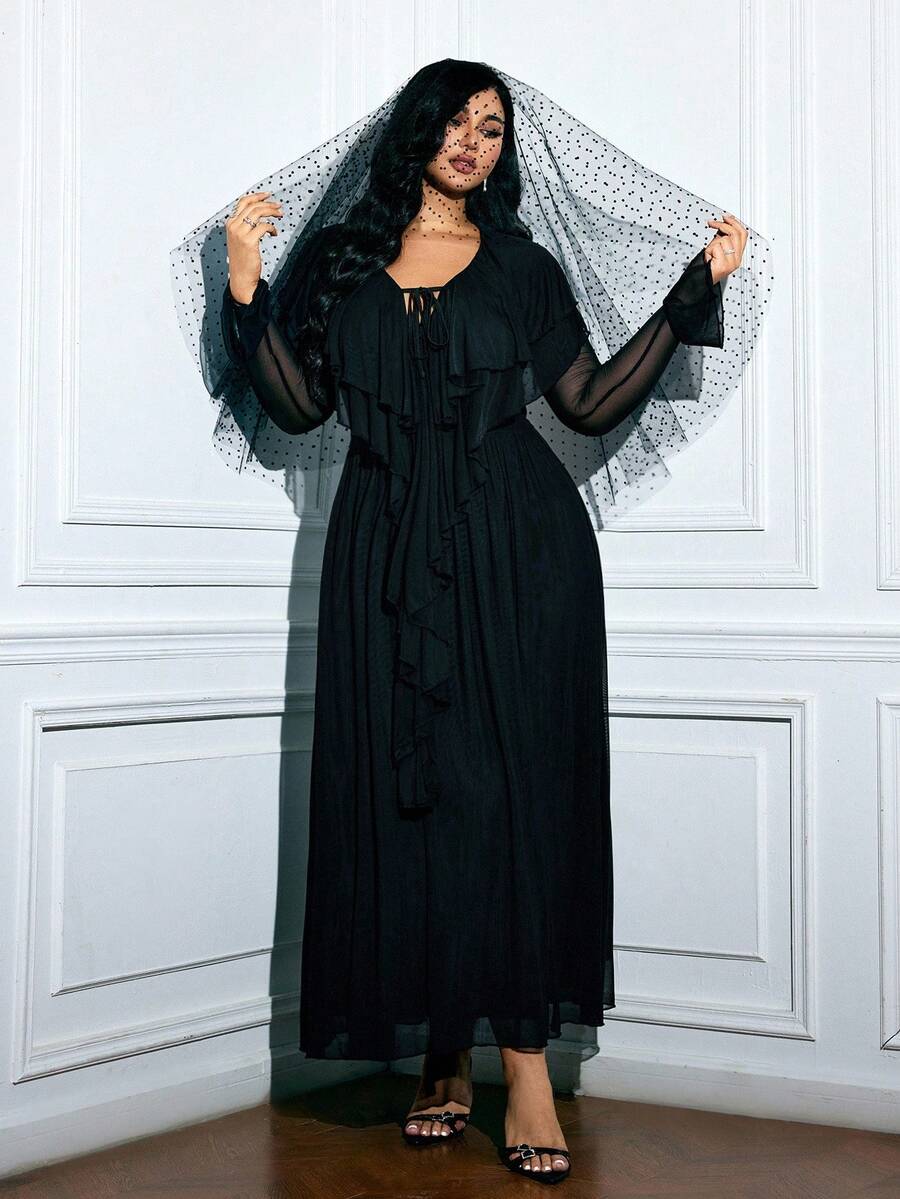 Viva Relle Plus Size Fashion Ruffle Trim Long Sleeve Tie Waist Dress - Black - View 1