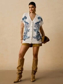 Travachic Plus Size Women Casual Printed Short Sleeve Button Front Loose Cardigans In Fall/Winter - Beige - View 6