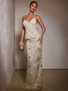 SHEIN BAE Party Nightclub Banquet Pattern Embroidery Sequins Shiny Fishtail Elegant Women's Long Skirt, White Skirt,Party Skirt,Elegant Women's Skirt,,Valentine's Day,Valentine Outfits For Women - Apricot - View 3