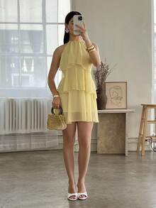 Andrea Bello 夏季海滩度假纯红色层叠荷叶蛋糕雪纺迷你连衣裙，适合日常约会、夜间外出、夜总会、派对、聚会、鸡尾酒会、泳池派对、返校季服装、学校季连衣裙、节日连衣裙、芭蕾舞裙 - 黃色 - 查看 3