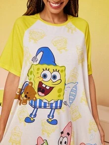 SpongeBob SquarePants | SHEIN 女士可爱卡通印花撞色插肩袖宽松睡衣连衣裙，夏季，哞哞睡裙 - 黃色 - 查看 4
