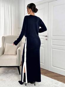 EURMUSE Women 2 Pieces Cardigan And Maxi Skirt Set With Rhinestone Button And Side Detail,Co Ord,Winter Clothes - Navy Blue - View 2
