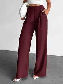 EURMUSE Women's Casual Solid Color Wide Leg Pocket Pants - Burgundy - View 6