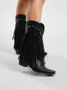 Solezae Giày cao bồi mũi nhọn màu đen, kiểu phương Tây quyến rũ, dài đến bắp chân, trang trí hình ngôi sao, thời trang vui nhộn cho ngày lễ - màu đen - Xem 6