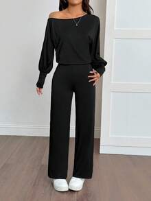 SHEIN PETITE Women's Solid Color Asymmetric Collar Casual Jumpsuit, Suitable For Petite,Fall Clothes For Women,Chic Women's Jumpsui,Elegant,Civil Wedding,Wedding Guest , Party,Home, Leisure, Comfort Upgrade,Sporty, Multifunctional - Black - View 3