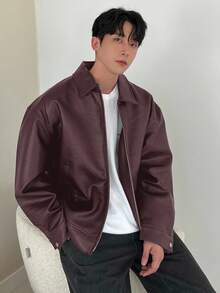 DAZY 男士纯棕色皮夹克和外套，秋季 - 鏽棕色 - 查看 3