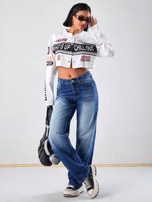 EURMUSE 女式蓝色直筒休闲百搭低腰牛仔裤 - 中等水洗藍 - 查看 3