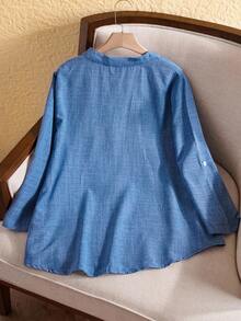 Rusticease 大码女式纯色V领卷袖衬衫，女式西装 - 藍色 - 查看 2