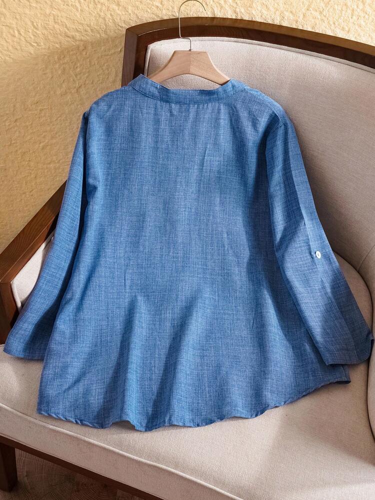 Plus Size Women Solid V-Neck Roll Sleeve Blouse,Western Wear Women,Spring/Summer/Vacation