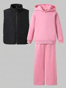 SHEIN Explorewe Tween Girls Pink Winter Casual School 3-Piece Outfit Set,Loose Thermal Lined Hoodie,Wide Leg Sweatpants&Padded Vest,Solid Color Versatile Fall Clothes - Multicolor - View 5