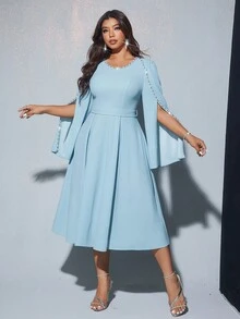 Viva Relle 大码女式优雅宴会、派对、迷人活动圆领钻石装饰腰部喇叭长裙（随机水钻装饰） - 藍色 - 查看 6