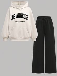 Girlism Teen Girl Autumn/Winter Letter Print Drop Shoulder Long Sleeve Hoodie With Pocket And Wide Leg Pants Casual Suit, Suitable For Sports, Business Casual Fall - Multicolor - View 12