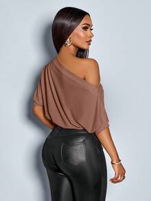 SOLERSUN Women's Solid Asymmetrical Neck Ruched Shoulder Tee - Mocha Brown - View 2