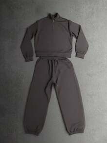 SHEIN 青少年休闲街头时尚纯色舒适拉链立领连帽衫和运动裤套装，适合通勤、上学、日常休闲、度假、运动、派对、秋冬