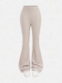 SHEIN Girlism Teen Girls Apricot Drawstring Asymmetric Hem Flared Sleeve T-Shirt And A Two Pieces Flared Pants Suit,Off Shoulder T-Shirt,Fall Girl Clothes,Comfortable T-Shirt Suit Winter - Apricot - View 6