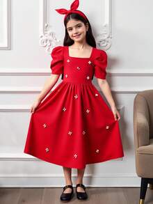 Tween Girls 优雅珍珠串珠方领羊腿袖荷叶边下摆纯色缎面派对礼服，适合婚礼、生日、派对